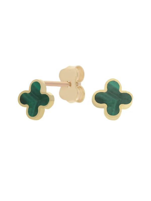 William May 9ct Yellow Gold Malachite Clover Petal Stud Earrings