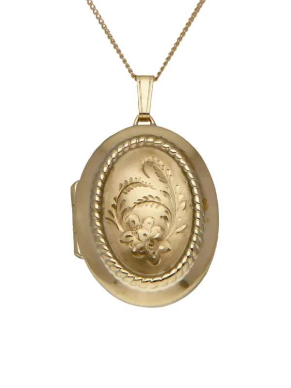 William May 9ct Yellow Gold Patterned Oval Locket & Chain Necklace