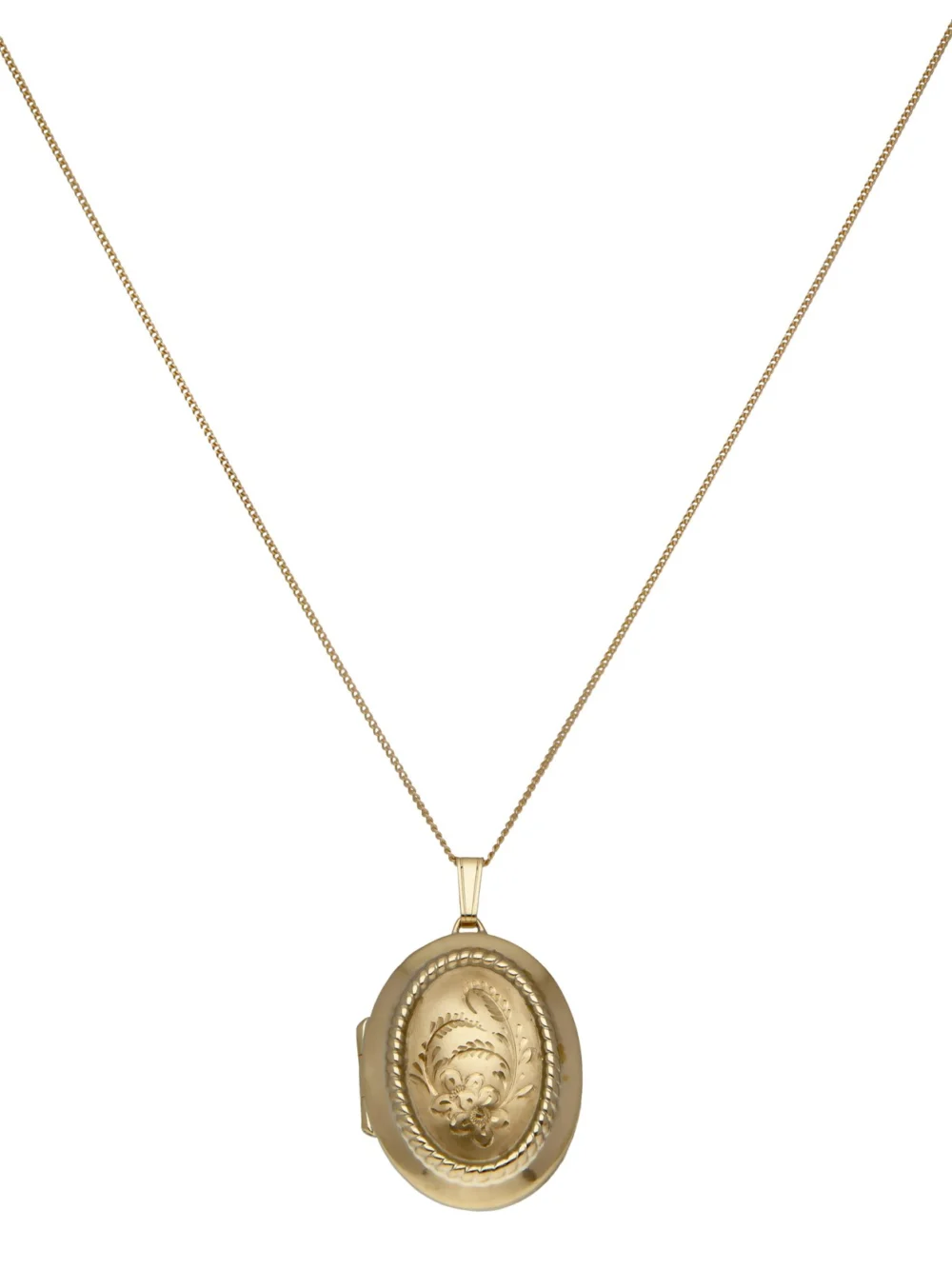 William May 9ct Yellow Gold Patterned Oval Locket & Chain Necklace, view 2