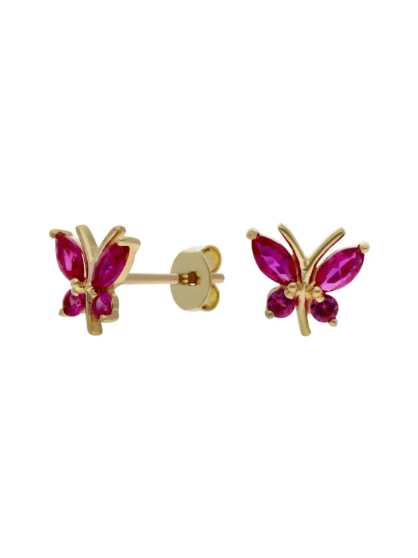 William May 9ct Yellow Gold Pink Cubic Zirconia Butterfly Stud Earrings
