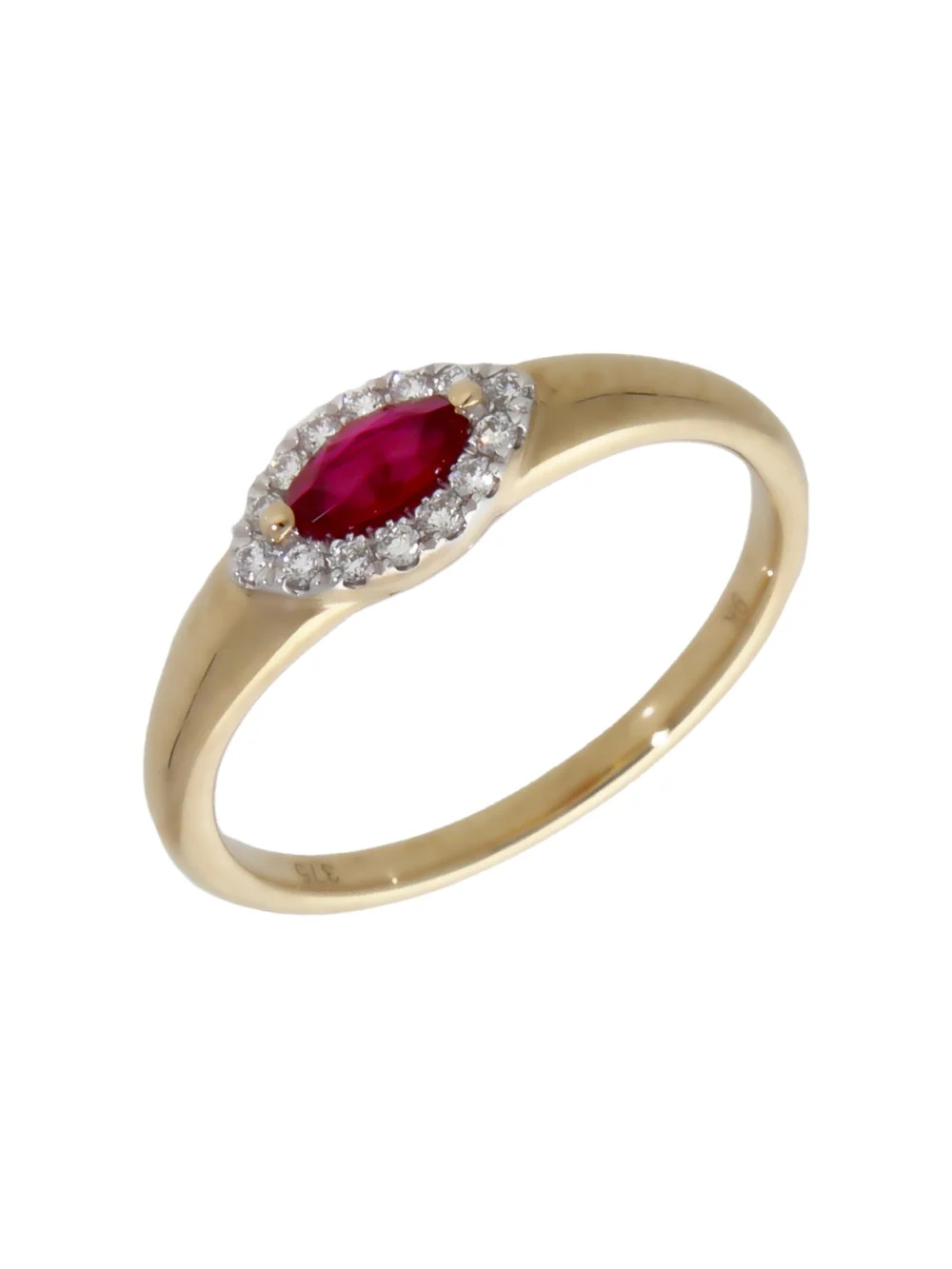 William May 9ct Yellow Gold Ruby & Diamond Halo Marquise Cluster Ring