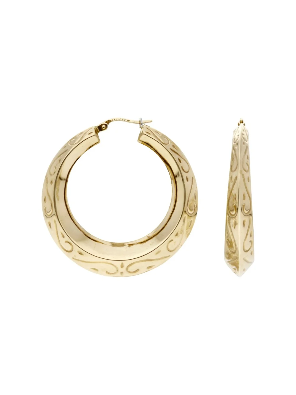 William May 9ct Yellow Gold Swirl Patterned Hoop Creole Earrings, view 2