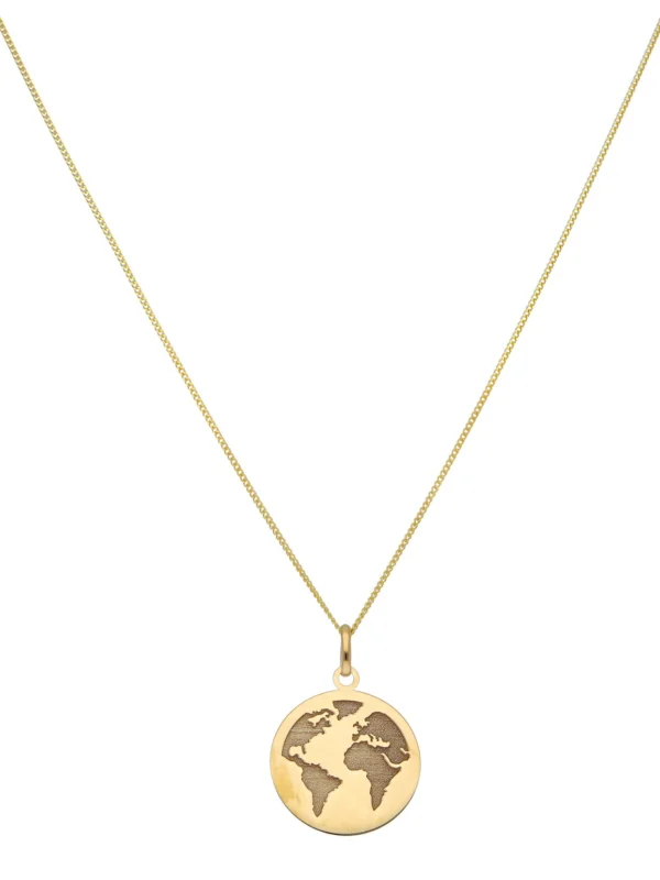 William May 9ct Yellow Gold World Map Disc Pendant & 18" Necklace