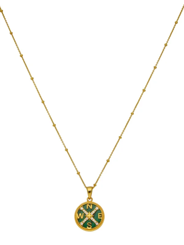 William May Gold Plated Cubic Zirconia & Malachite Compass Necklace