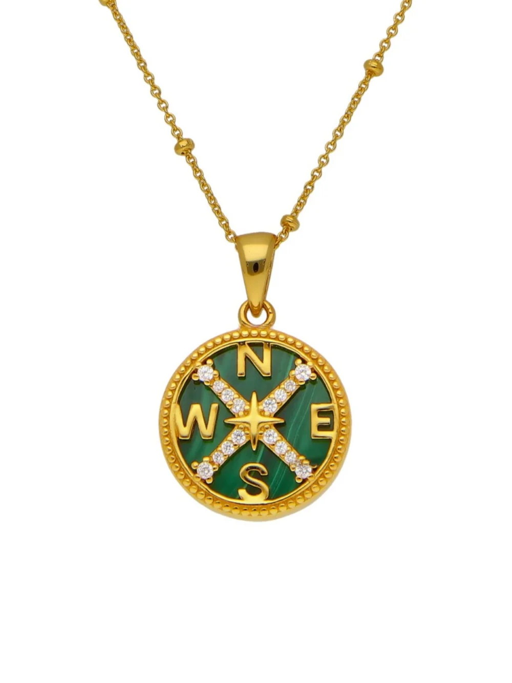 William May Gold Plated Cubic Zirconia & Malachite Compass Necklace, view 2