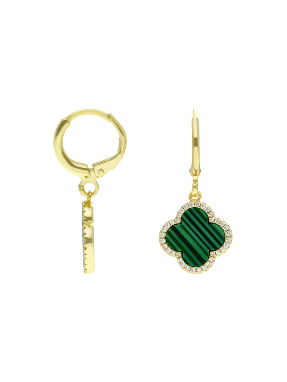 William May Gold Plated Silver Malachite Clover Petal Drop Earrings, view 2