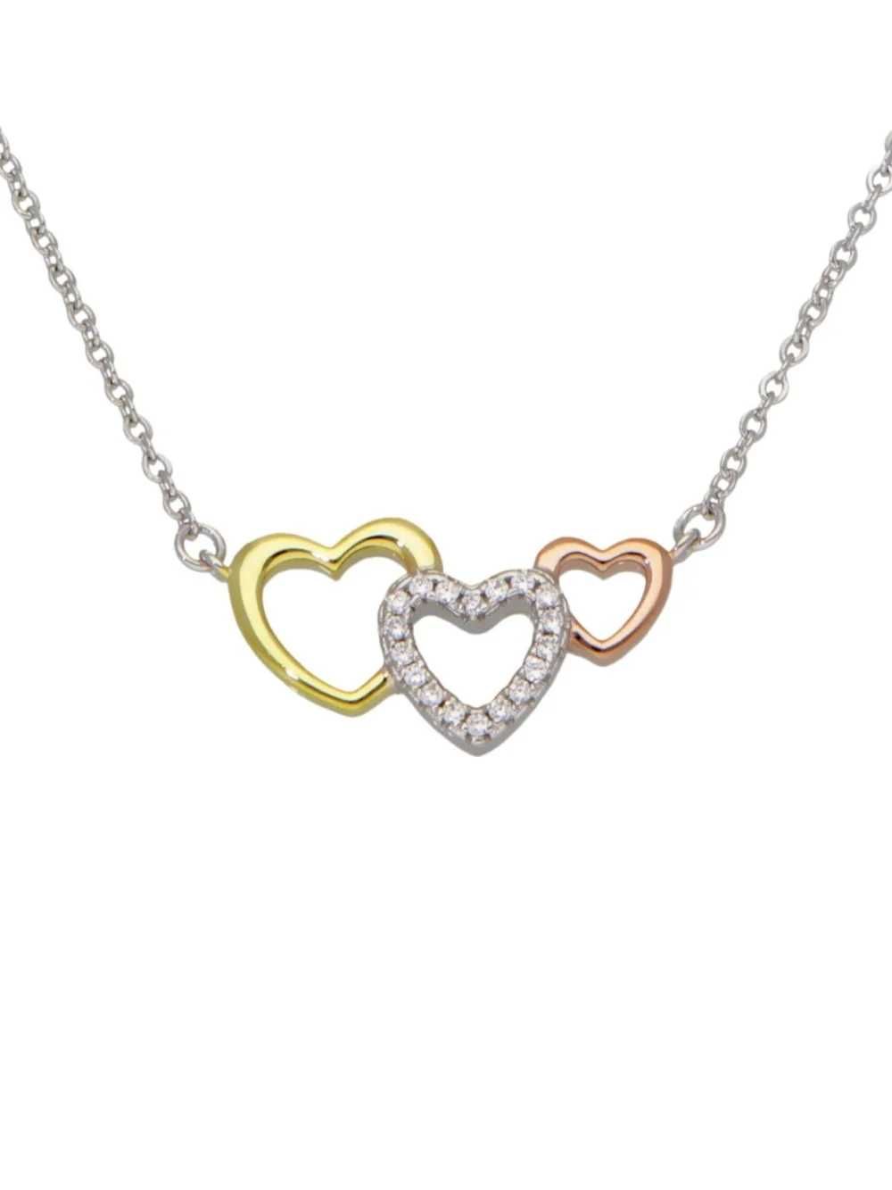 William May Gold Plated Sterling Silver 3 Colour Triple Heart Necklace, view 2
