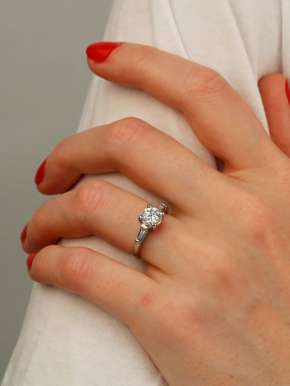 William May Platinum Diamond Solitare & Baguette Cut Shoulder Ring, view 2