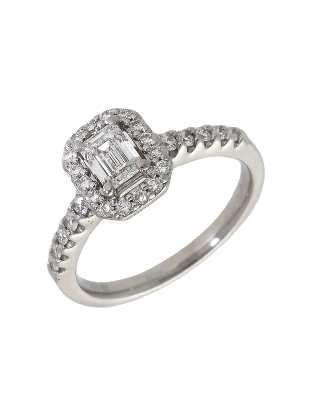 William May Platinum Emerald Cut Diamond Halo Ring