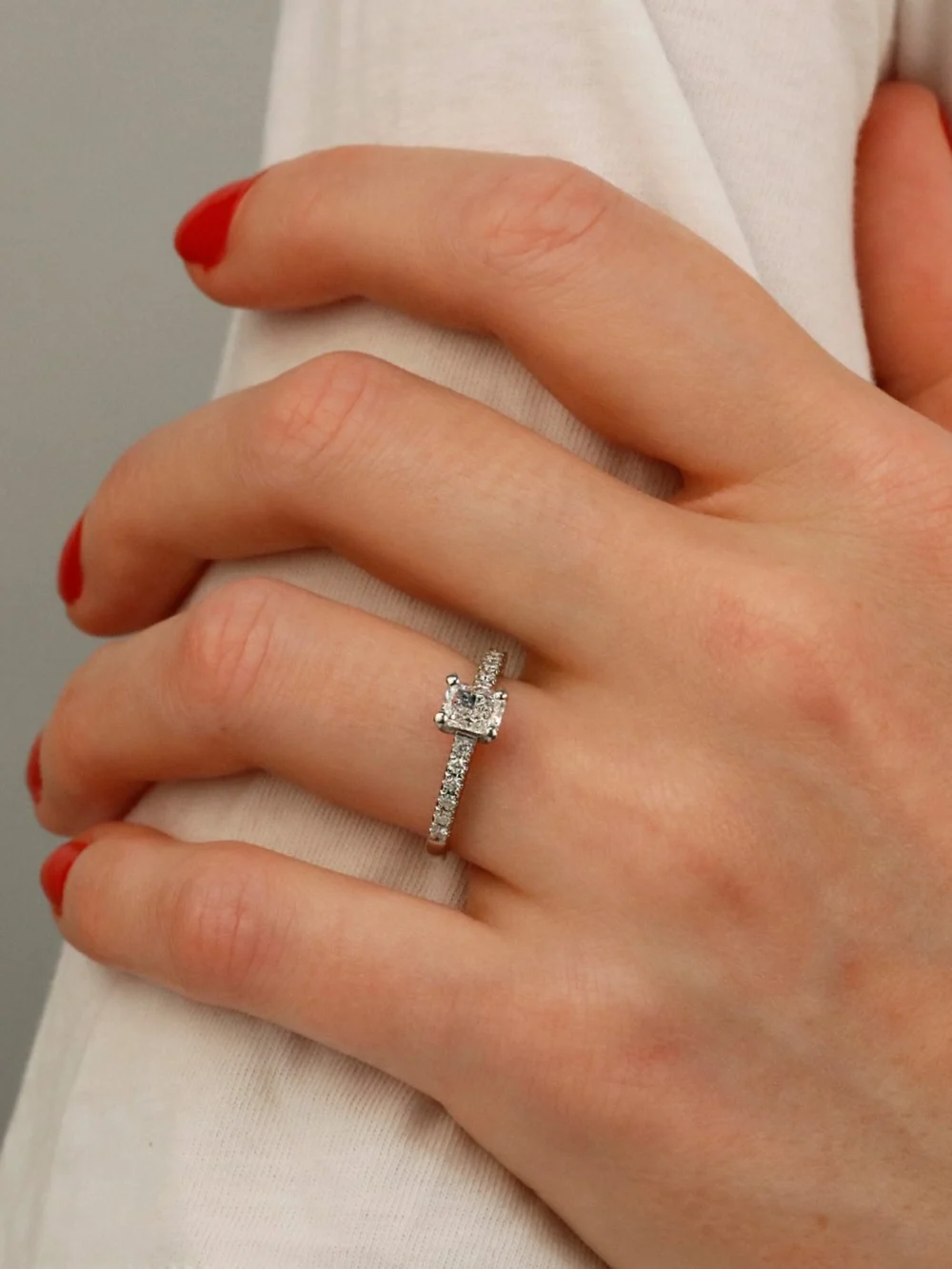 William May Platinum Radiant Cut Diamond Solitaire Ring, view 2