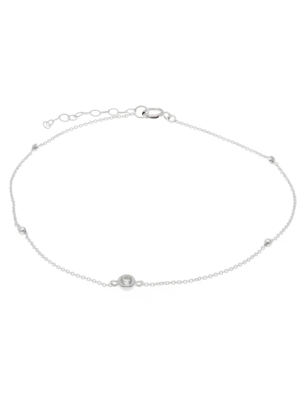 William May Sterling Silver 10" Cubic Zirconia Set Beaded Station Anklet