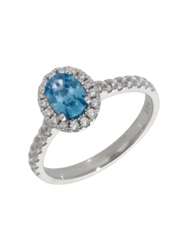 William May Sterling Silver Aqua & White Cubic Zirconia Oval Halo Ring