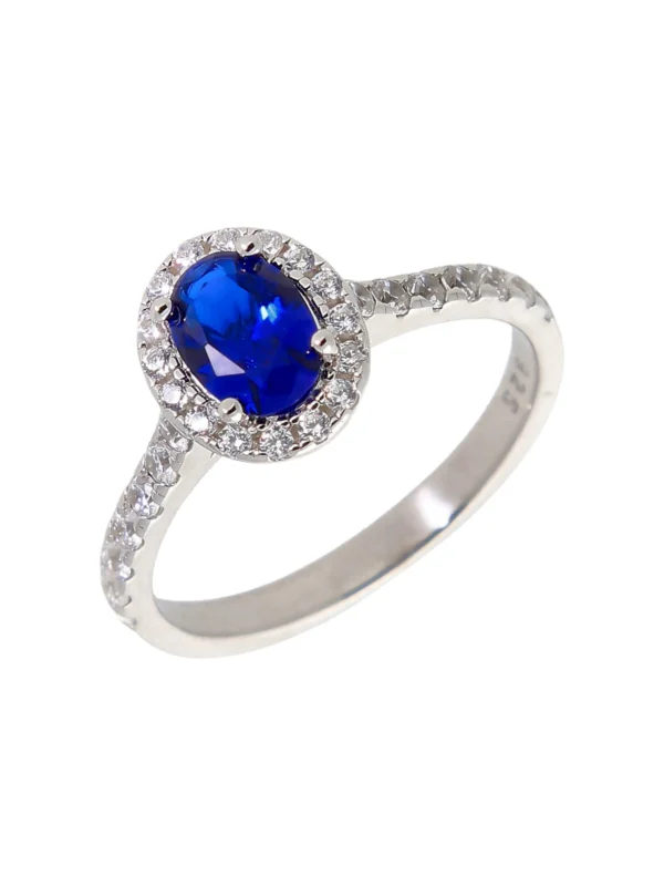 William May Sterling Silver Blue & White Cubic Zirconia Oval Halo Ring