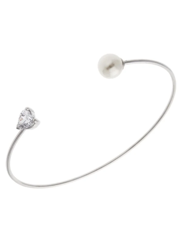 William May Sterling Silver Cubic Zirconia Heart & Pearl Torque Bangle