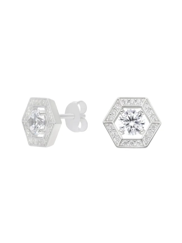 William May Sterling Silver Cubic Zirconia Hexagon Halo Stud Earrings