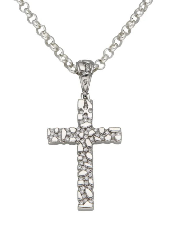 William May Sterling Silver Cubic Zirconia Nugget Texture Cross Necklace