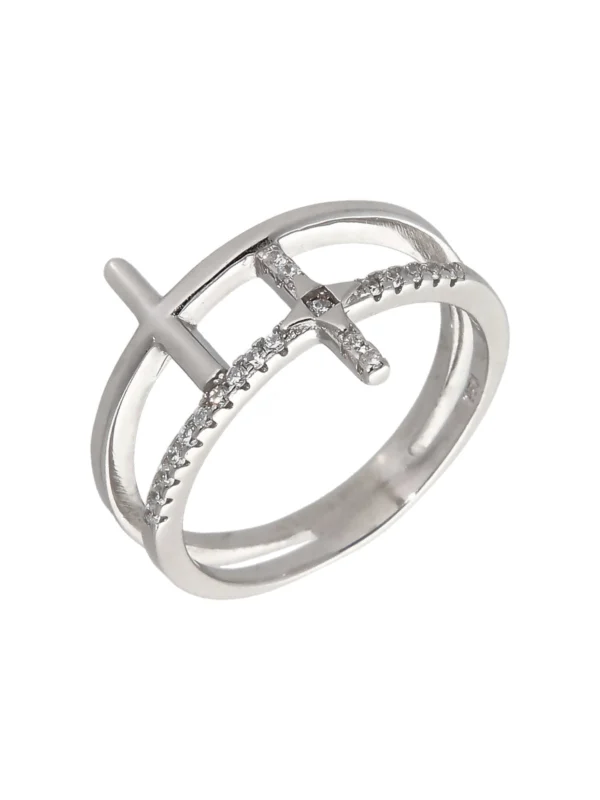 William May Sterling Silver Cubic Zirconia Set Double Curved Cross Ring