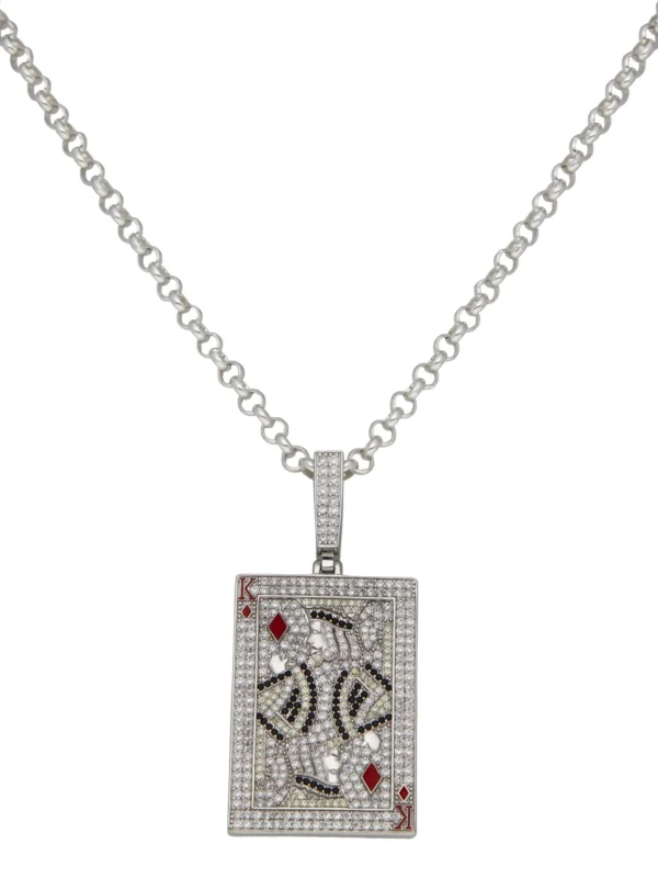 William May Sterling Silver Gemstone Set King Playing Card & 24" Chain