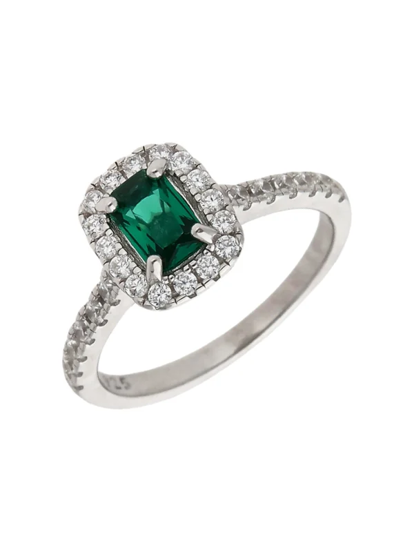 William May Sterling Silver Green & White Cubic Zirconia Halo Dress Ring