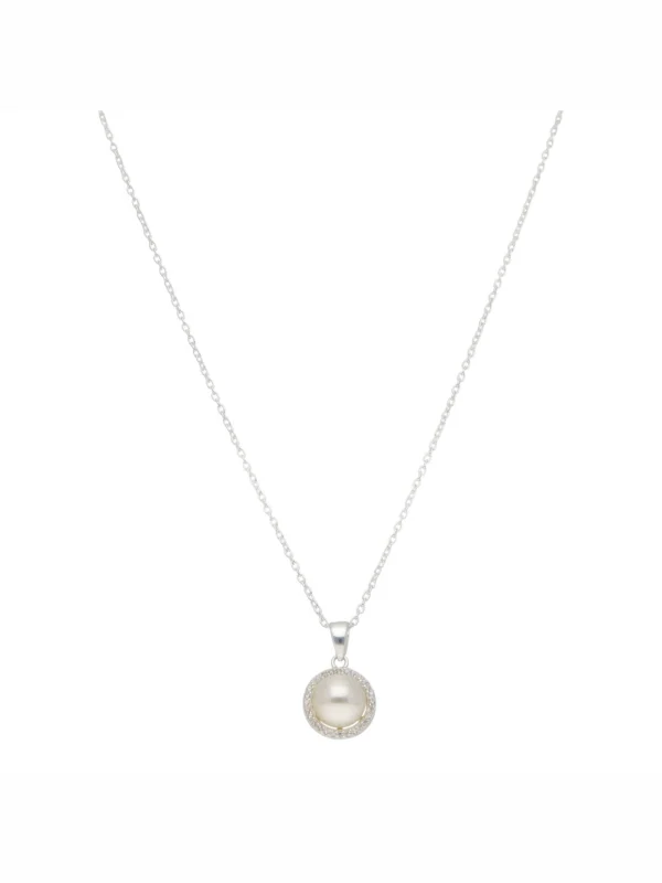 William May Sterling Silver Pearl & Cubic Zirconia Halo Pendant Necklace