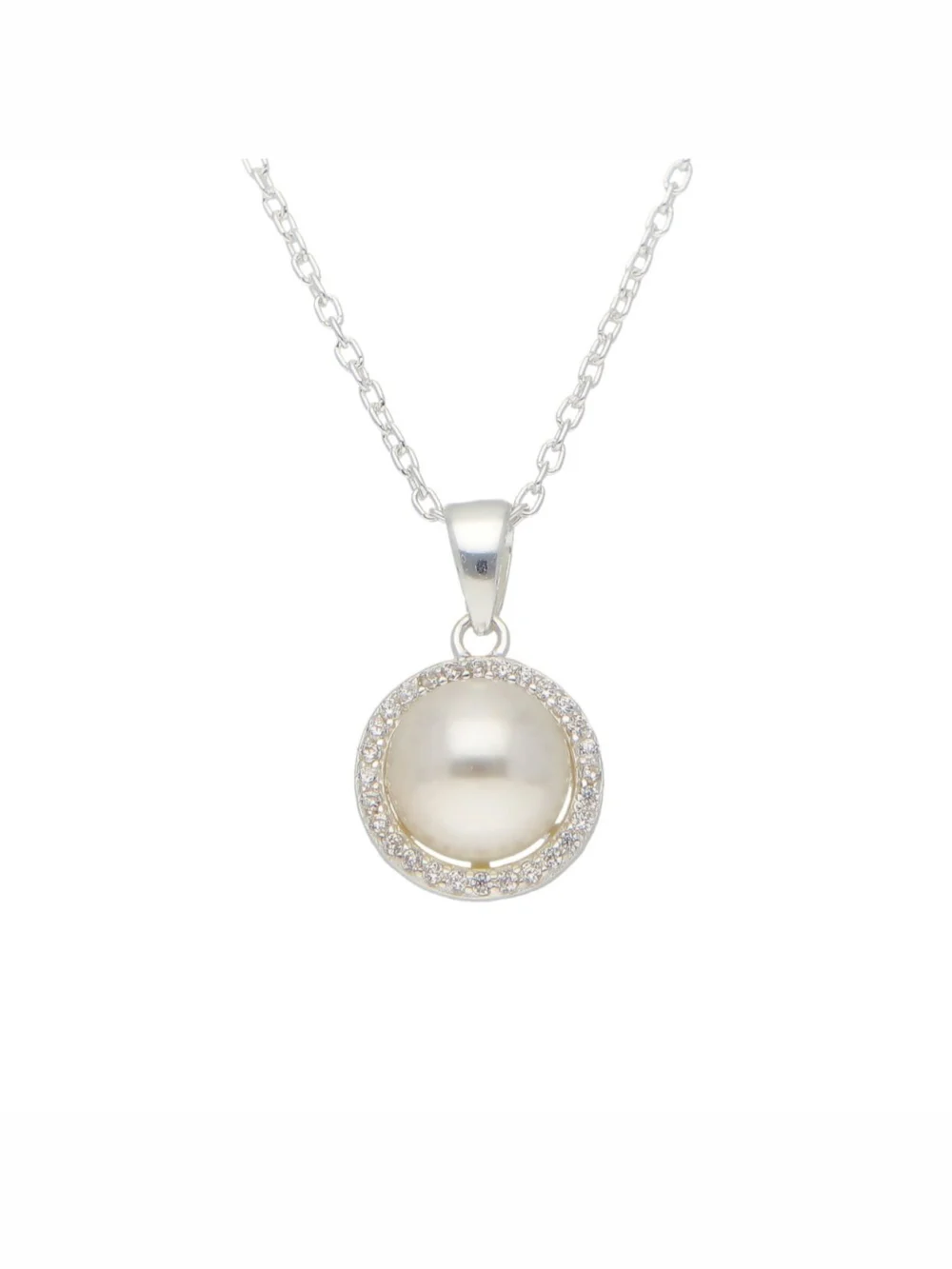 William May Sterling Silver Pearl & Cubic Zirconia Halo Pendant Necklace, view 2
