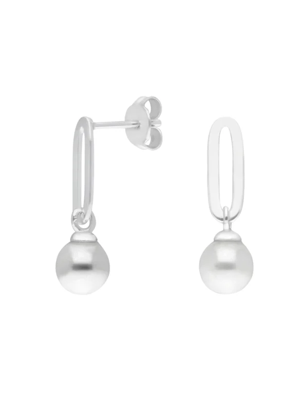 William May Sterling Silver Pearl Drop Paperclip Link Stud Earrings