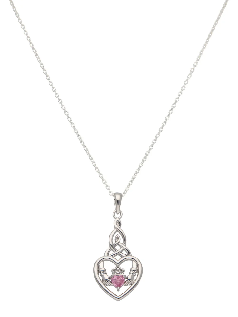 William May Sterling Silver Pink Cubic Zirconia Claddagh & 18" Necklace