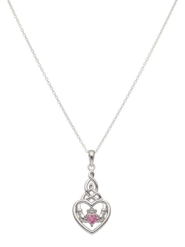William May Sterling Silver Pink Cubic Zirconia Claddagh & 18" Necklace