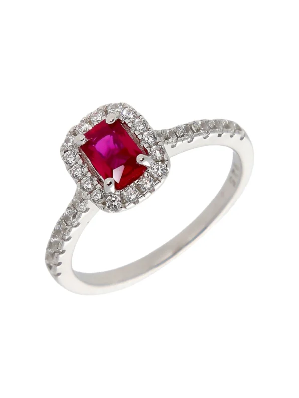 William May Sterling Silver Red & White Cubic Zirconia Halo Dress Ring