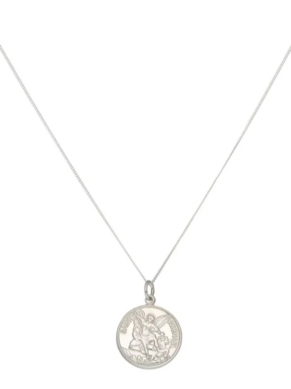 William May Sterling Silver St.michael Pendant & 20" Curb Chain Necklace