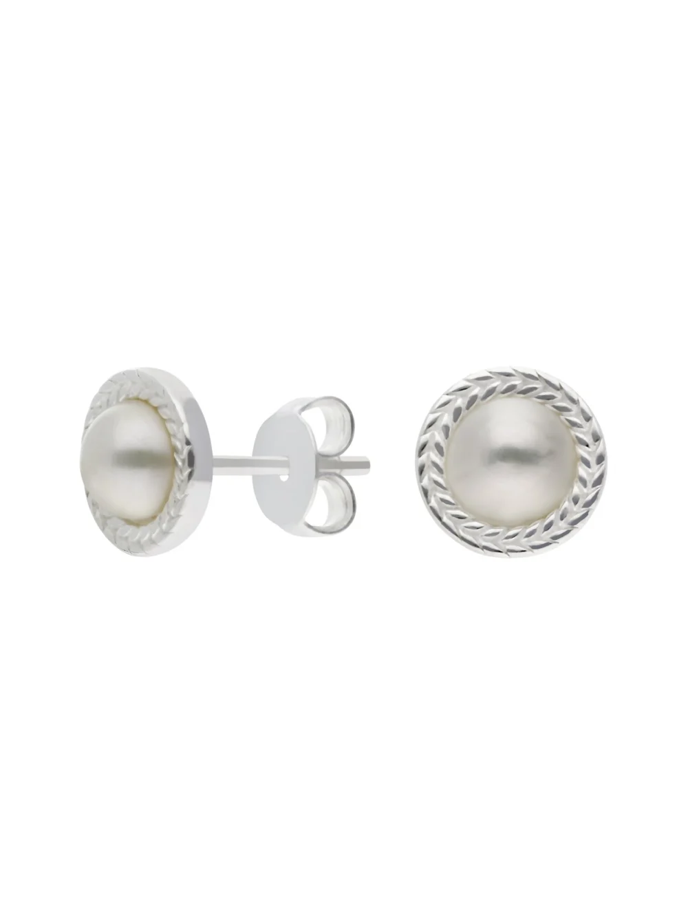 William May Sterling Silver Wreath Edged Pearl Stud Earrings