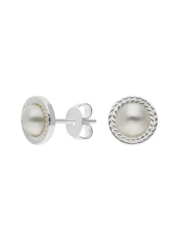 William May Sterling Silver Wreath Edged Pearl Stud Earrings