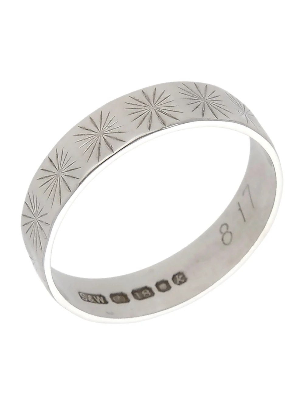 William May Vintage 1965 18ct White Gold Star Engraved Band Ring, view 2