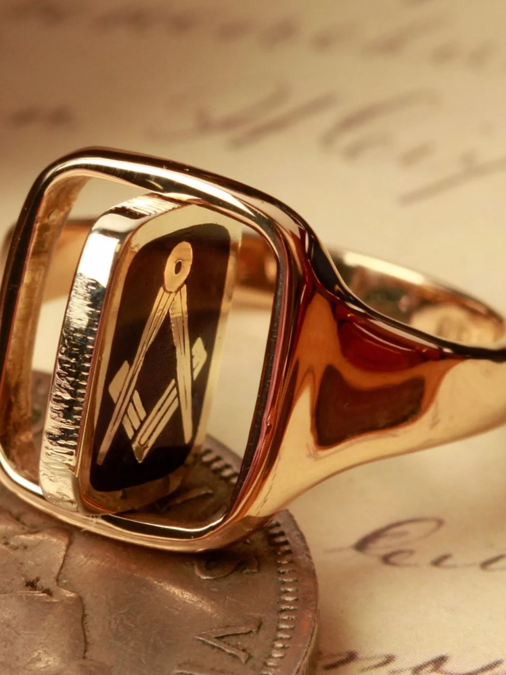 William May Vintage 1977 9ct Gold Masonic Spinner Signet Ring, view 2