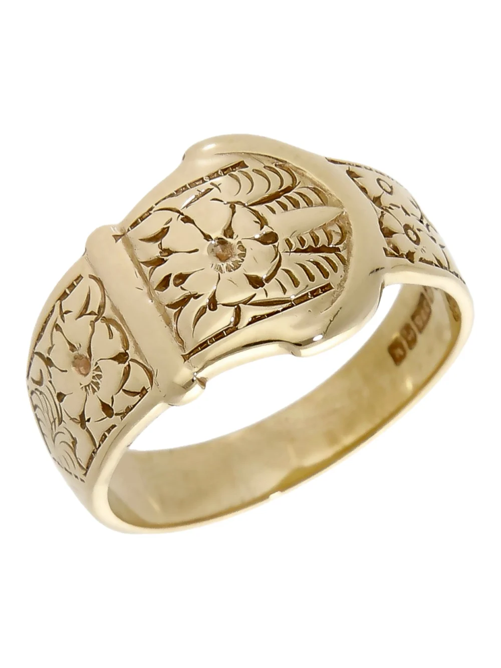 William May Vintage 1986 9ct Yellow Gold Patterned Buckle Ring, view 2