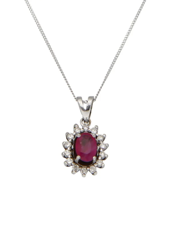 William May White Gold Ruby & Diamond Cluster Pendant Necklace