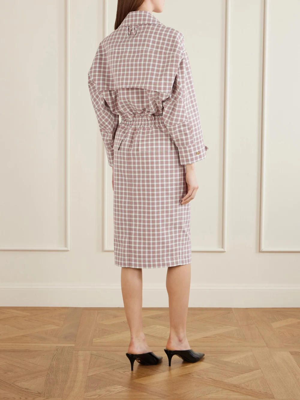 Back view of the Willy Chavarria Checked Belted Cotton Trench Coat