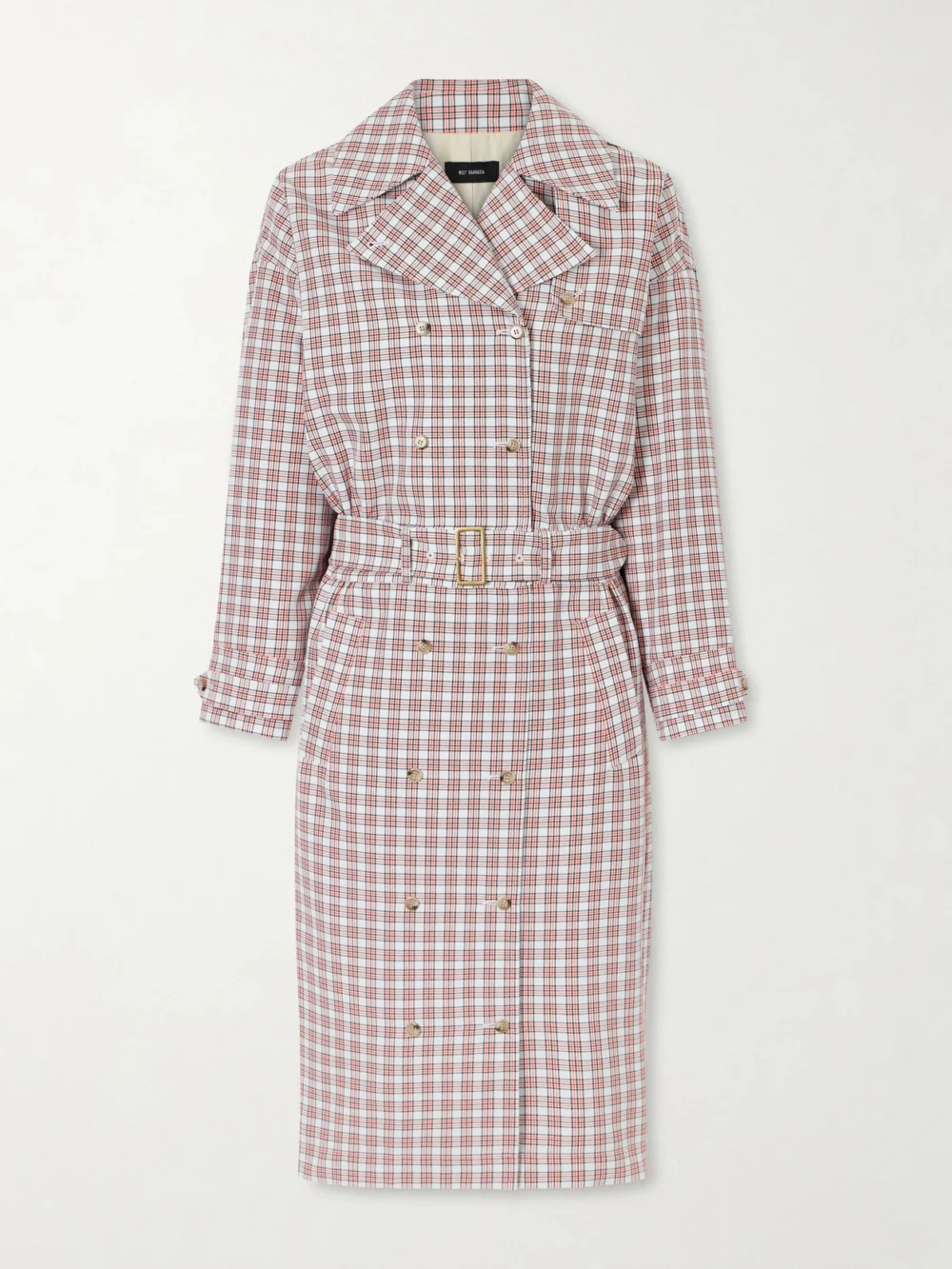 Willy Chavarria Checked Belted Cotton Trench Coat in red