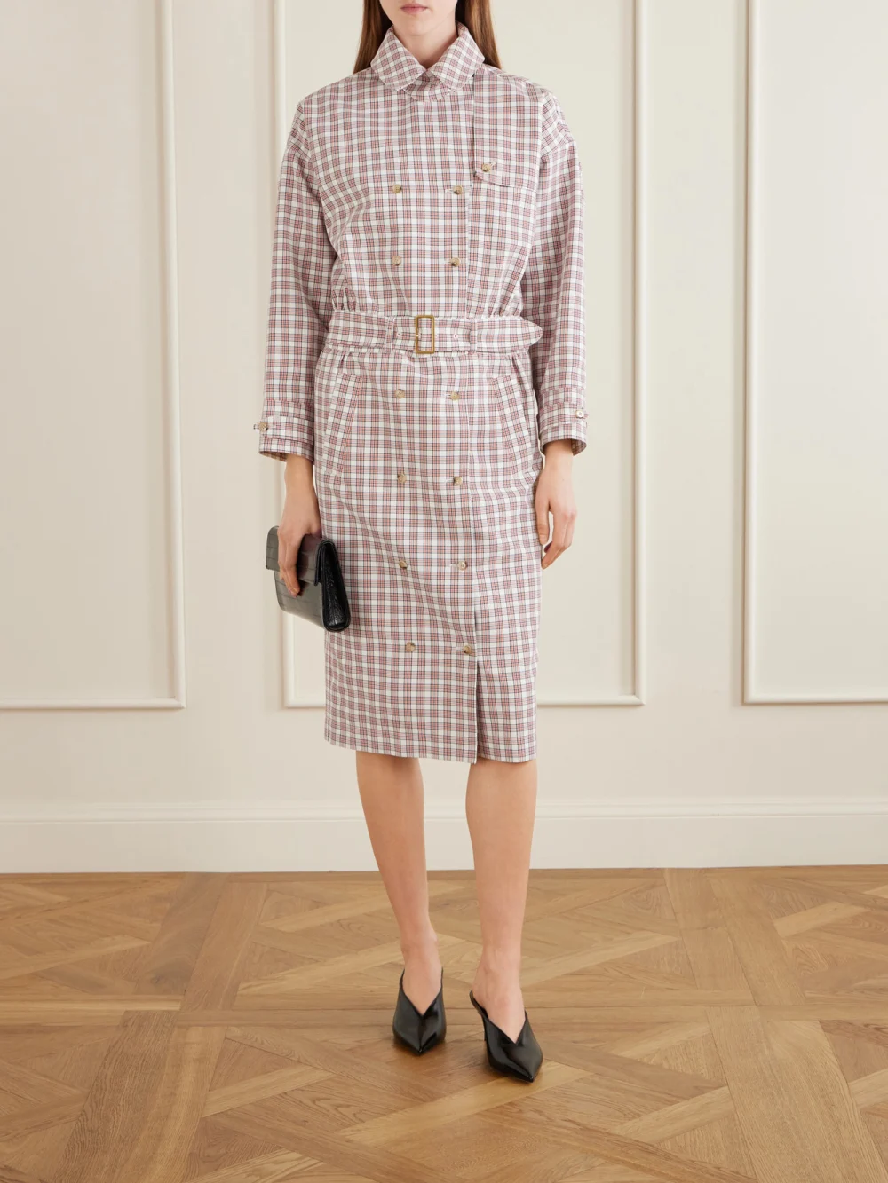 Willy Chavarria Checked Belted Cotton Trench Coat, worn by a model