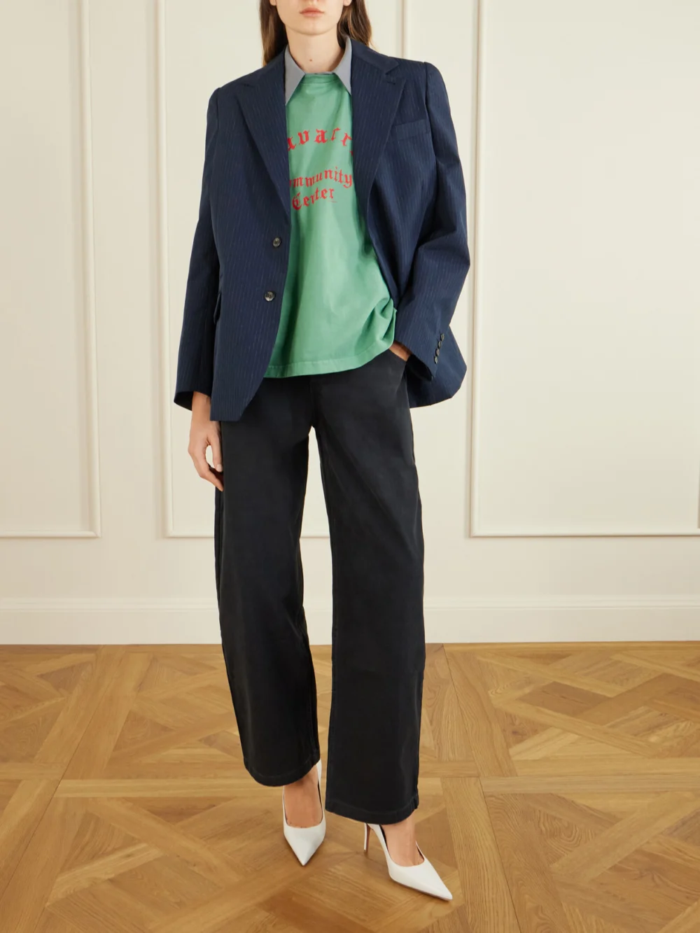 Willy Chavarria Chuco Pinstriped Woven Blazer, worn by a model