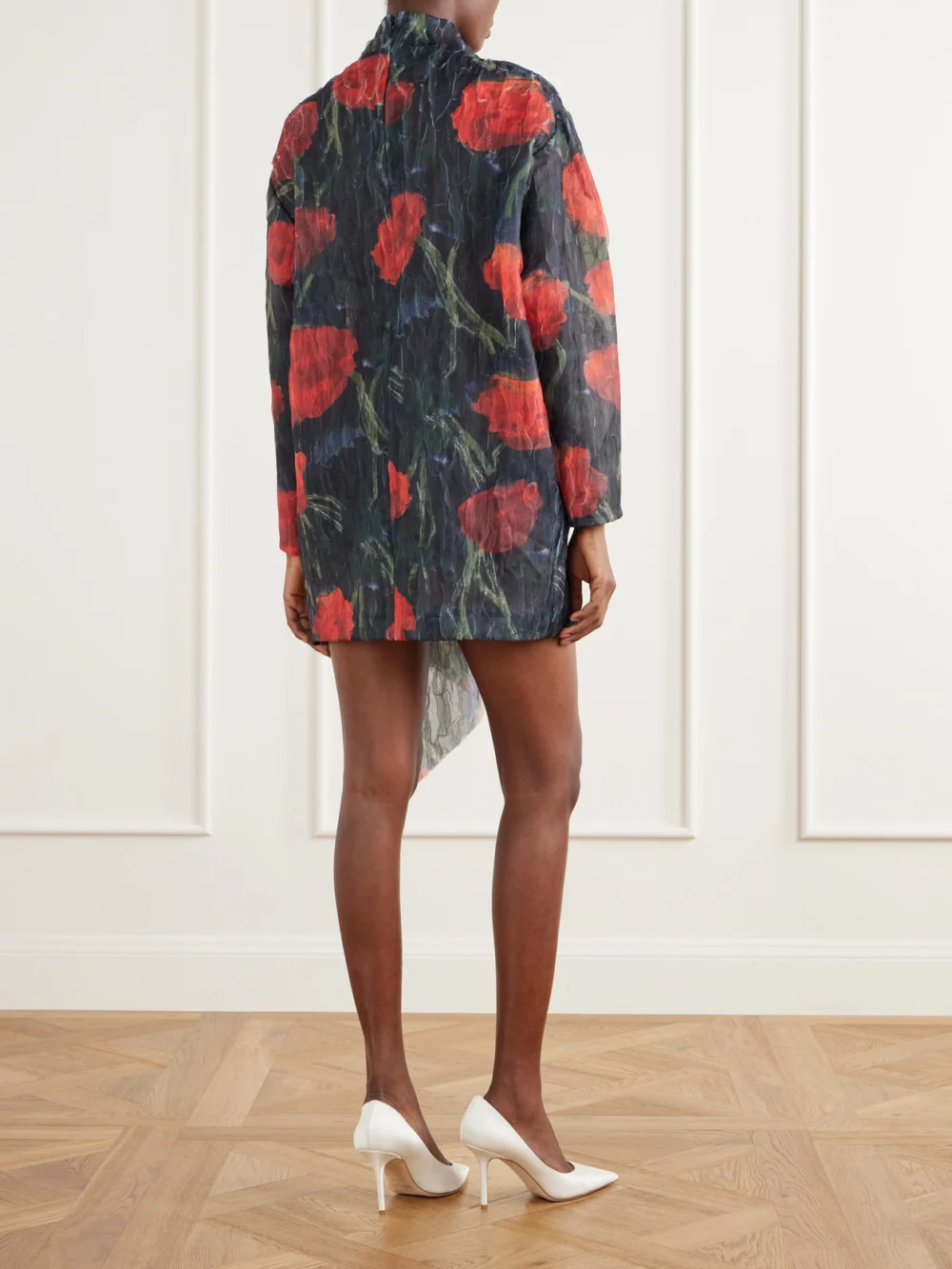 Back view of the Willy Chavarria Floral-printed Stretch-organza Mini Dress