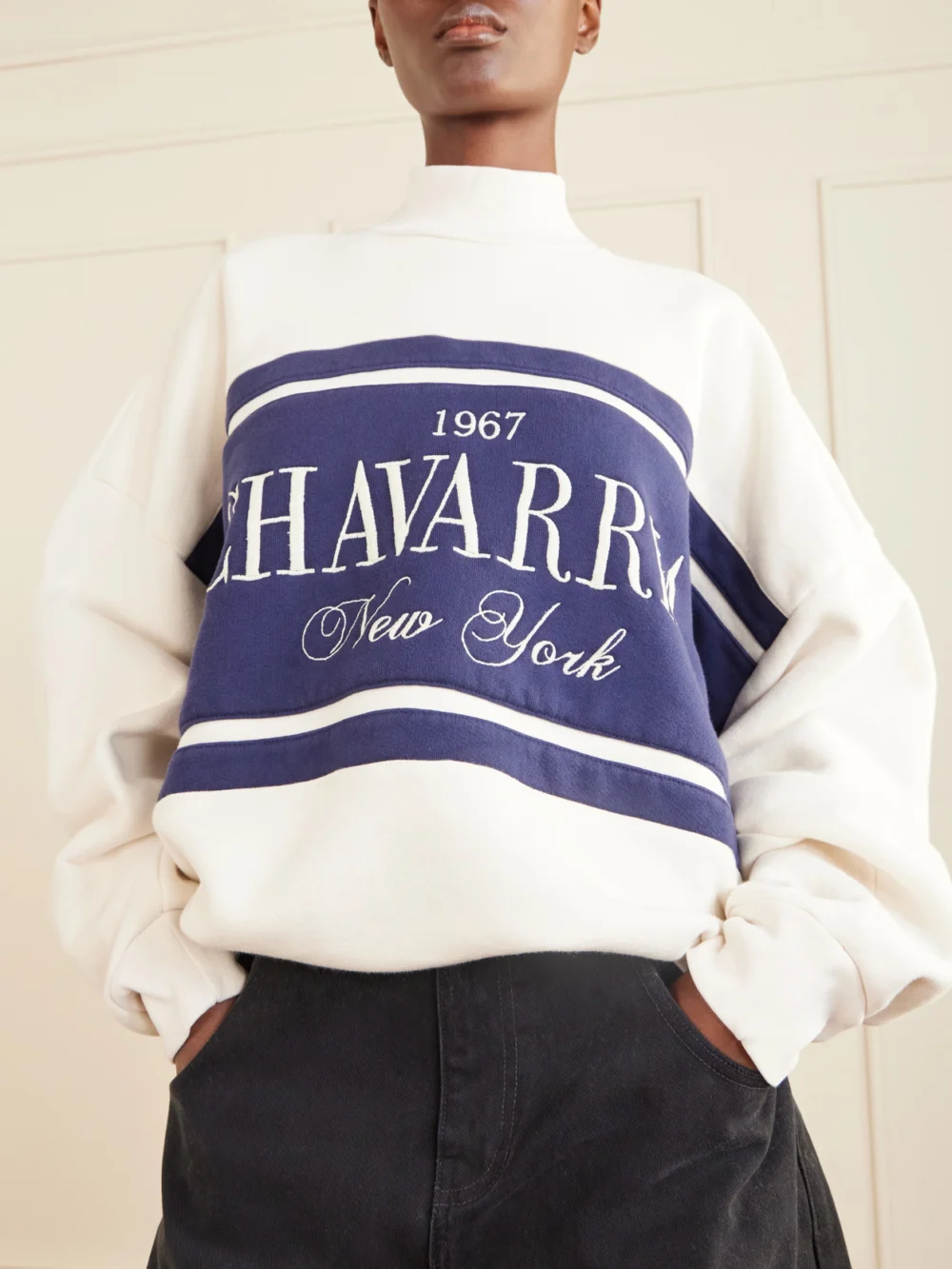 Close-up detail of the Willy Chavarria Oversized Embroidered Striped Cotton-jersey Sweater
