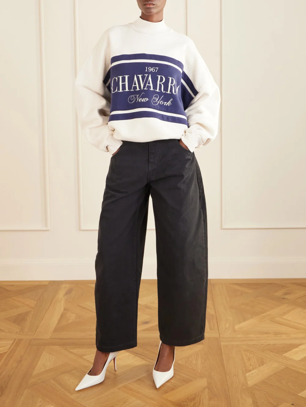 Willy Chavarria Oversized Embroidered Striped Cotton-jersey Sweater, worn by a model