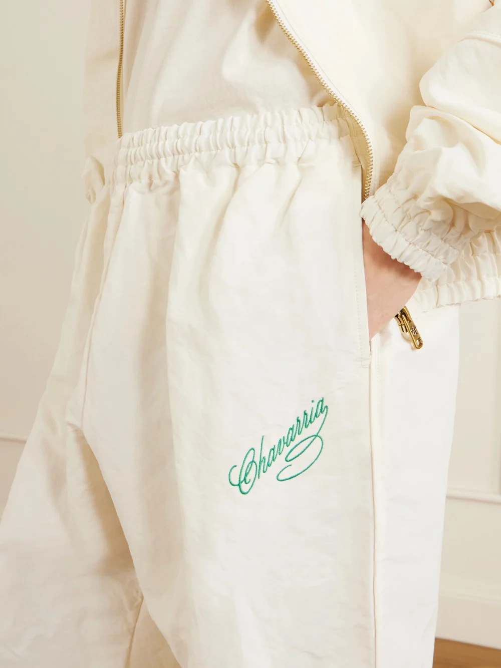 Close-up detail of the Willy Chavarria Ruff Rider Shell Wide-leg Pants