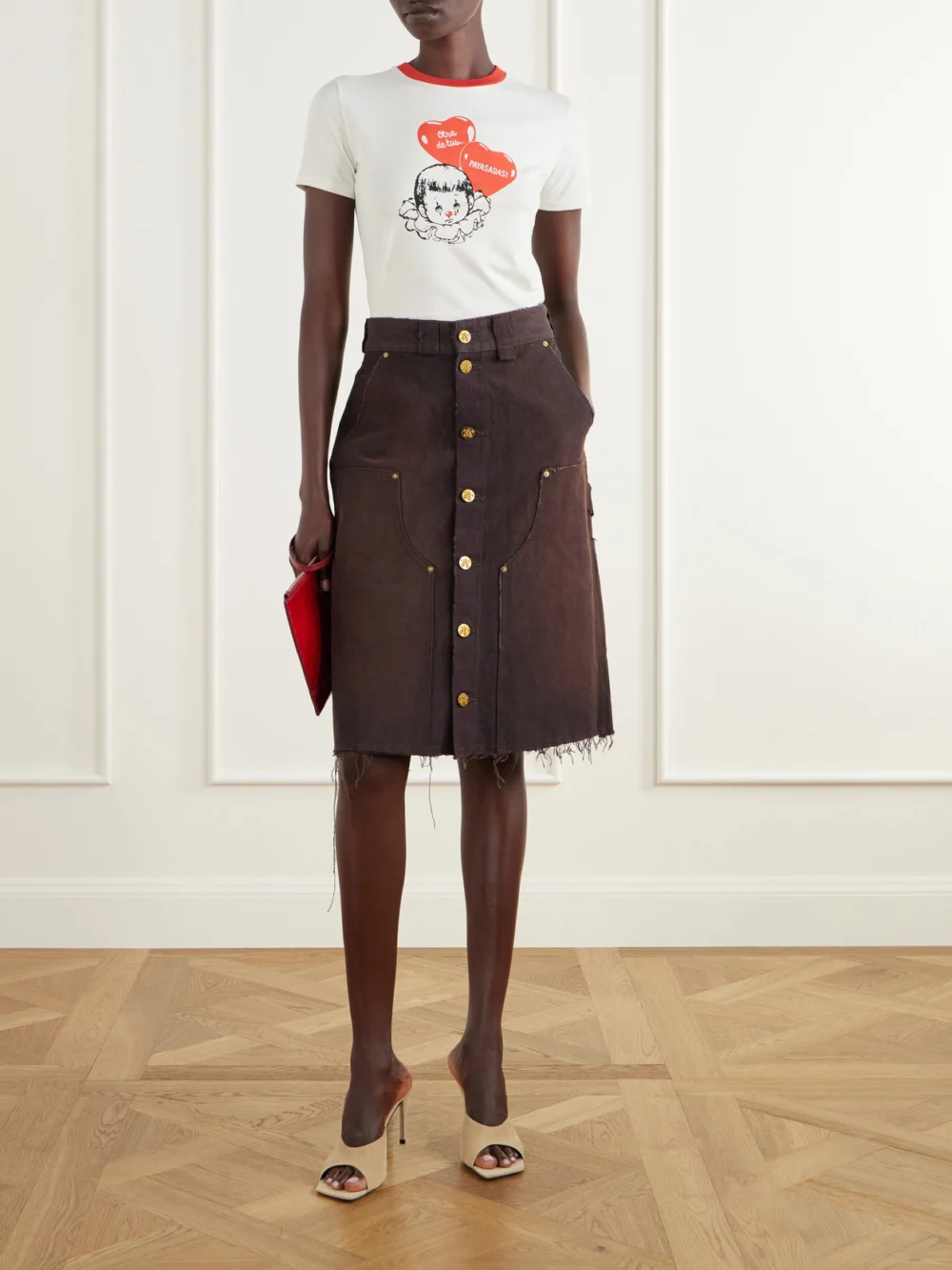 Willy Chavarria Workwear Faded Frayed Cotton Duck-canvas Knee-lenght Skirt, worn by a model