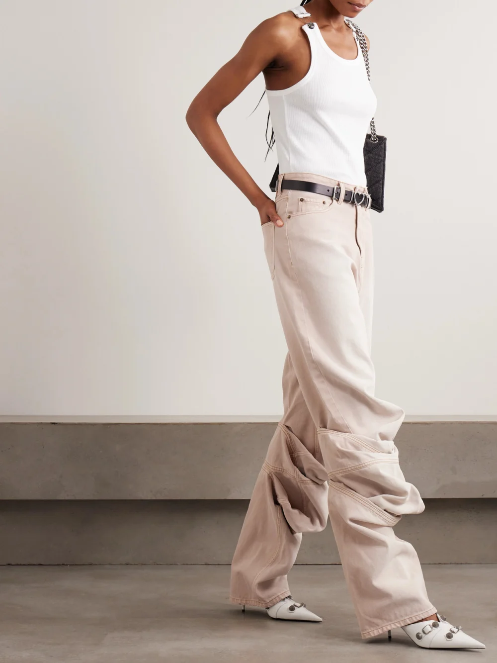 Y/Project Gathered Mid-rise Wide-leg Jeans, worn by a model
