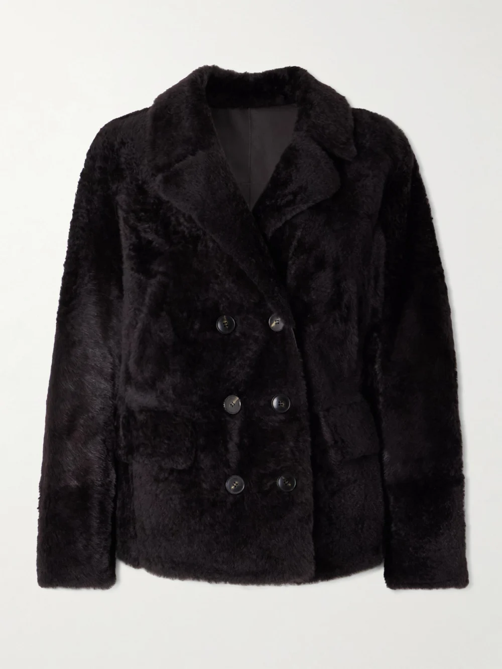 Yves Salomon Double-breasted Shearling Jacket in dark brown