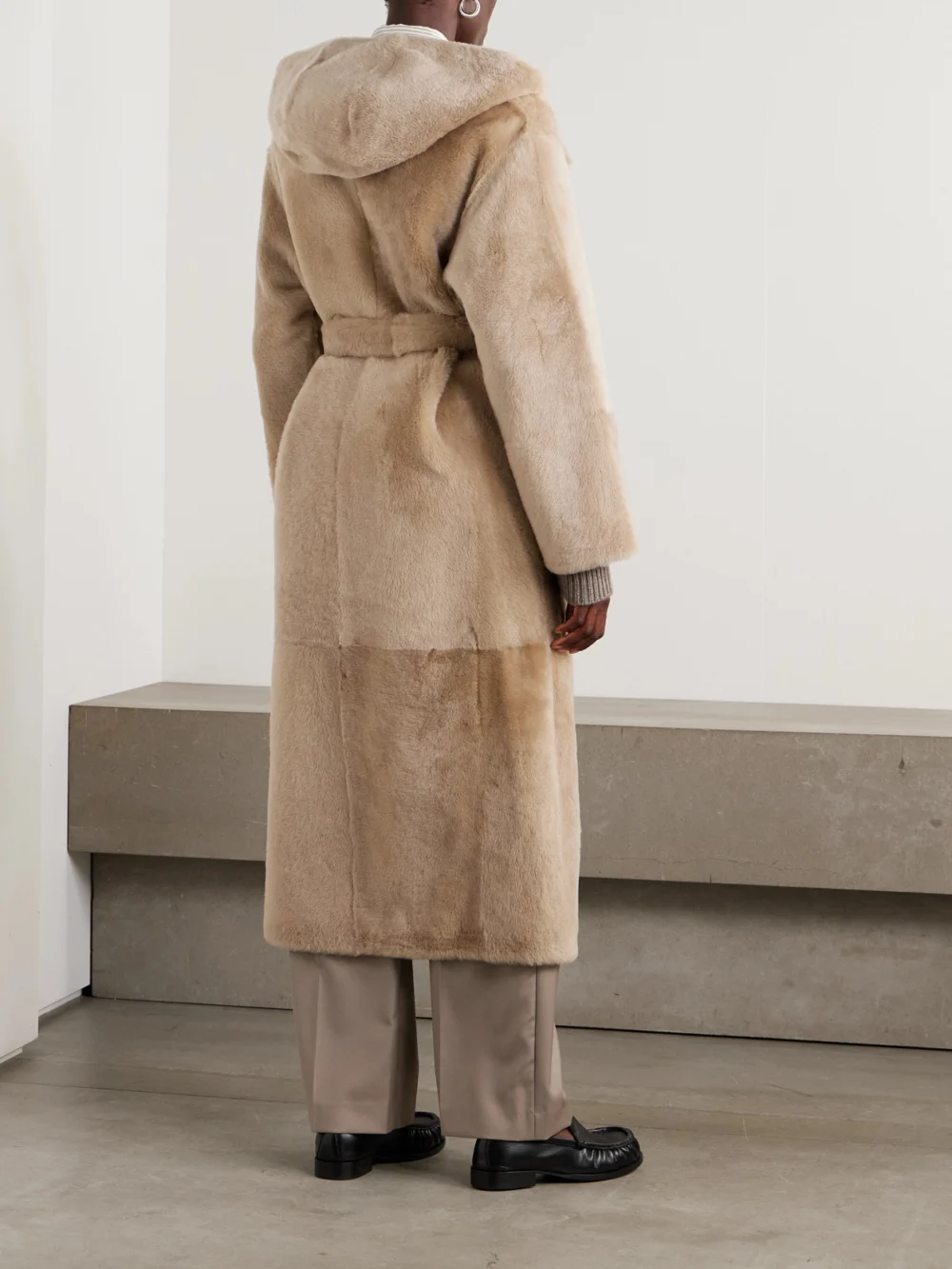 Back view of the Yves Salomon Hooded Belted Shearling Coat