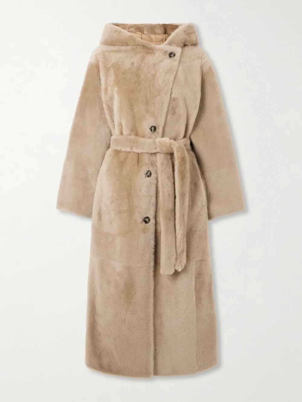 Yves Salomon Hooded Belted Shearling Coat in beige