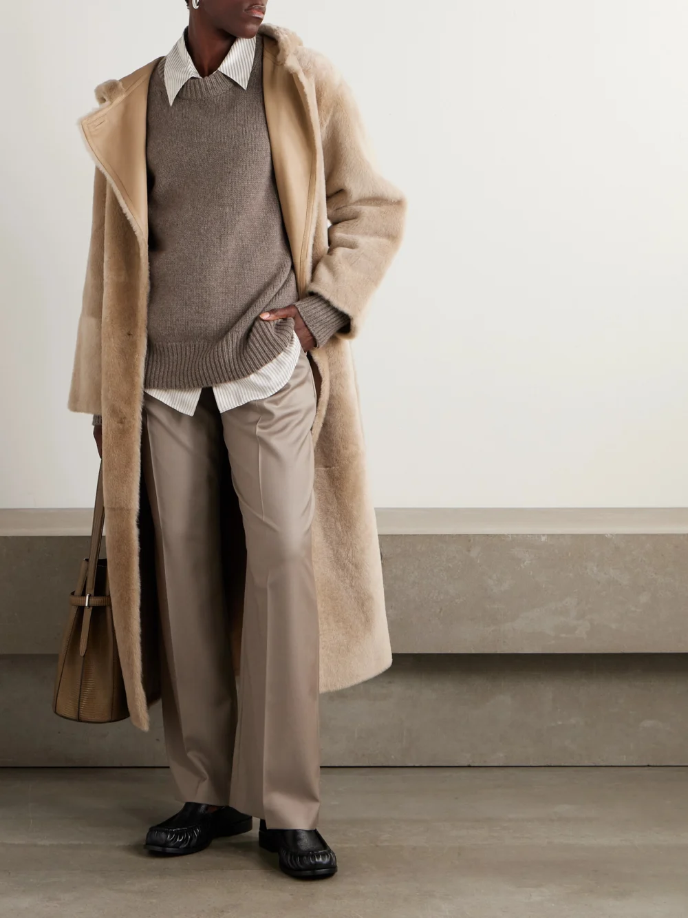 Yves Salomon Hooded Belted Shearling Coat, worn by a model